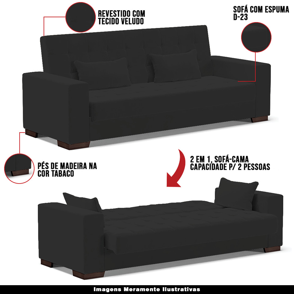 Sofá Cama Decorativo 210cm Beesley Veludo Preto G19 - Gran Belo