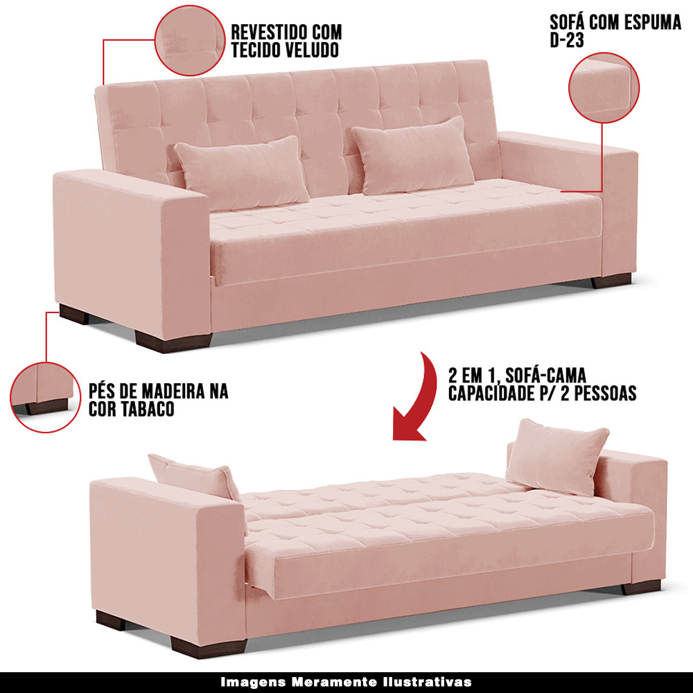Sofá Cama Decorativo 210cm Beesley Veludo Rose G19 - Gran Belo