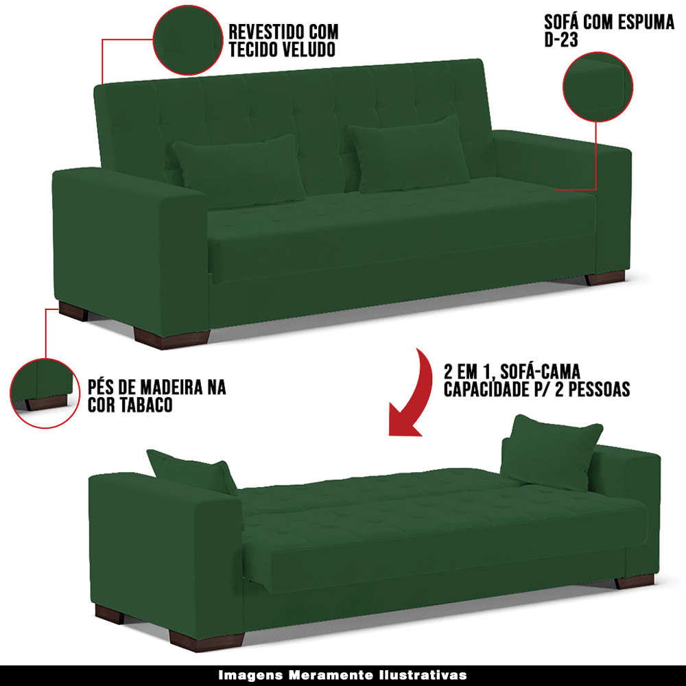 Sofá Cama Decorativo 210cm Beesley Veludo Verde G19 - Gran Belo