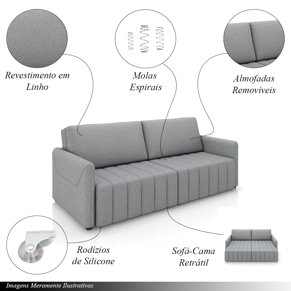 Sofá-Cama Decorativo Retrátil Thanos 2 Lugares 192cm Linho Cinza G45 - Gran Belo