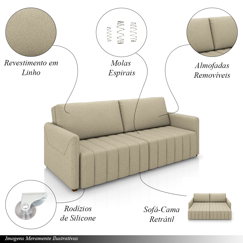 Sofá-Cama Decorativo Retrátil Thanos 2 Lugares 220cm Linho Bege G45 - Gran Belo