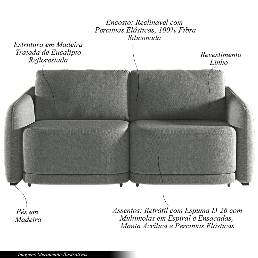 Sofá Cama Modulado Retrátil e Reclinável Decorativo Varsóvia 196cm Linho Cinza Chumbo G33 - Gran Belo