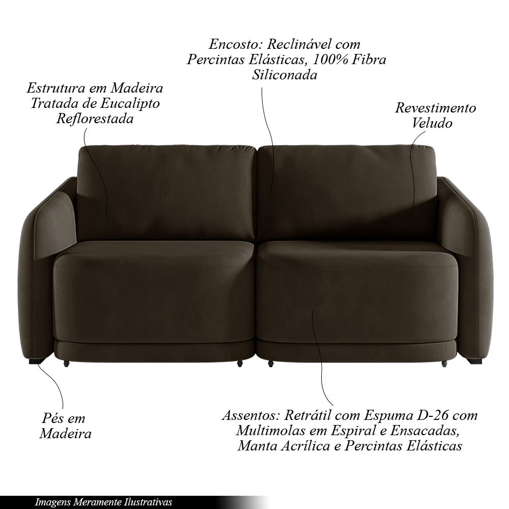 Sofá Cama Modulado Retrátil e Reclinável Decorativo Varsóvia 196cm Veludo Marrom G33 - Gran Belo
