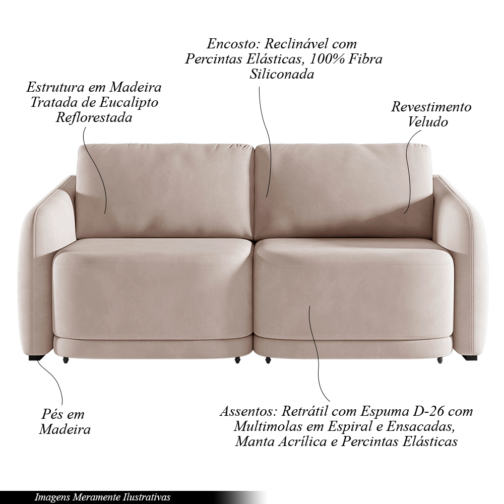 Sofá Cama Modulado Retrátil e Reclinável Decorativo Varsóvia 196cm Veludo Rosê G33 - Gran Belo