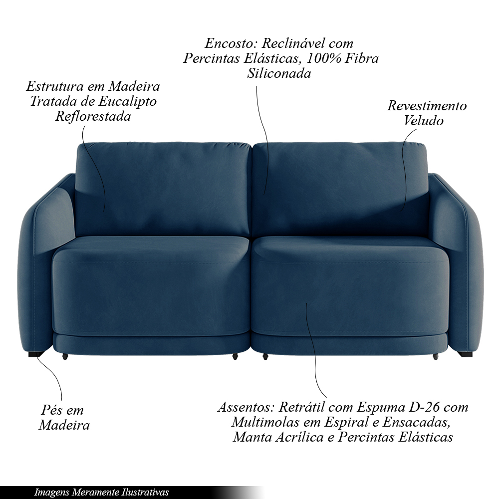 Sofá Cama Modulado Retrátil e Reclinável Decorativo Varsóvia 216cm Veludo Azul Marinho G33 - Gran Belo