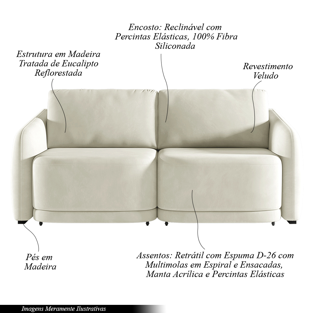 Sofá Cama Modulado Retrátil e Reclinável Decorativo Varsóvia 216cm Veludo Bege G33 - Gran Belo