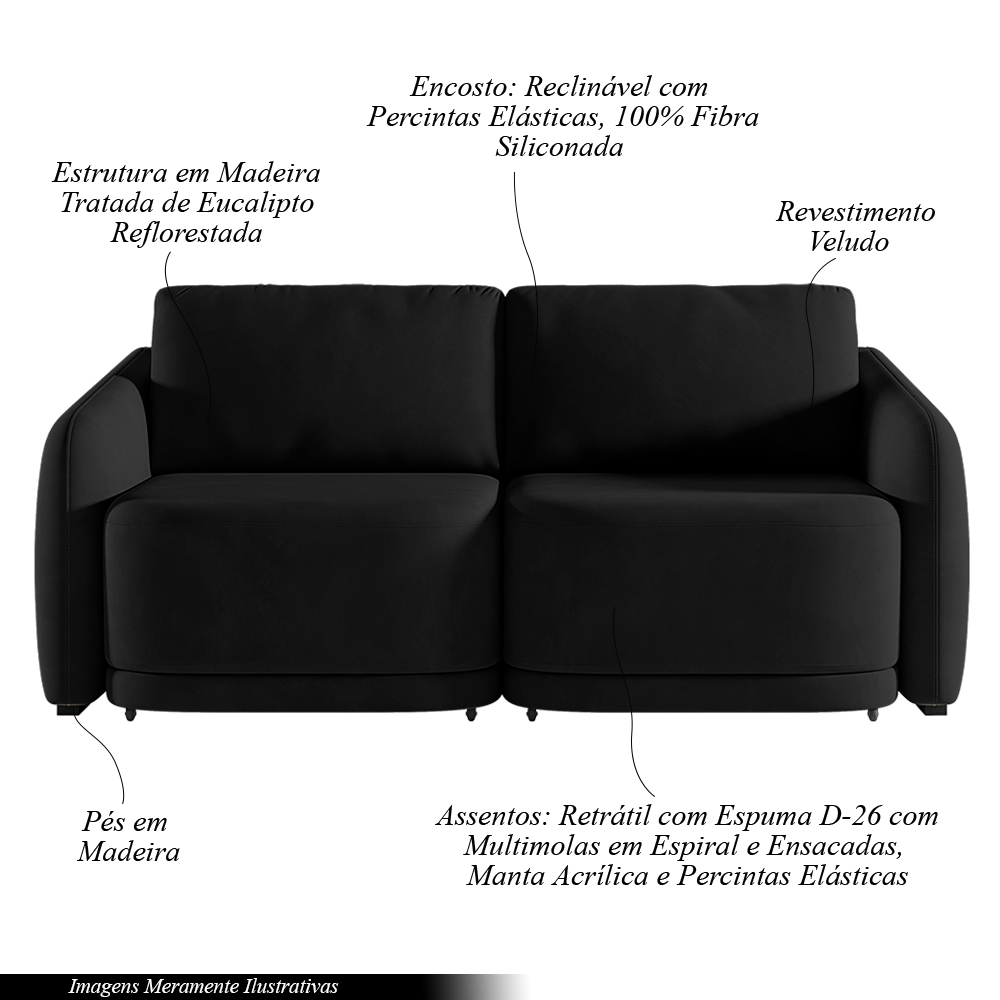 Sofá Cama Modulado Retrátil e Reclinável Decorativo Varsóvia 216cm Veludo Preto G33 - Gran Belo