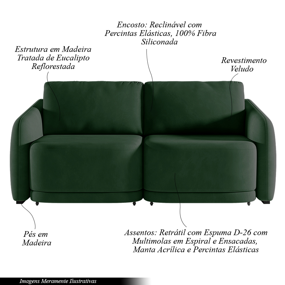 Sofá Cama Modulado Retrátil e Reclinável Decorativo Varsóvia 216cm Veludo Verde G33 - Gran Belo