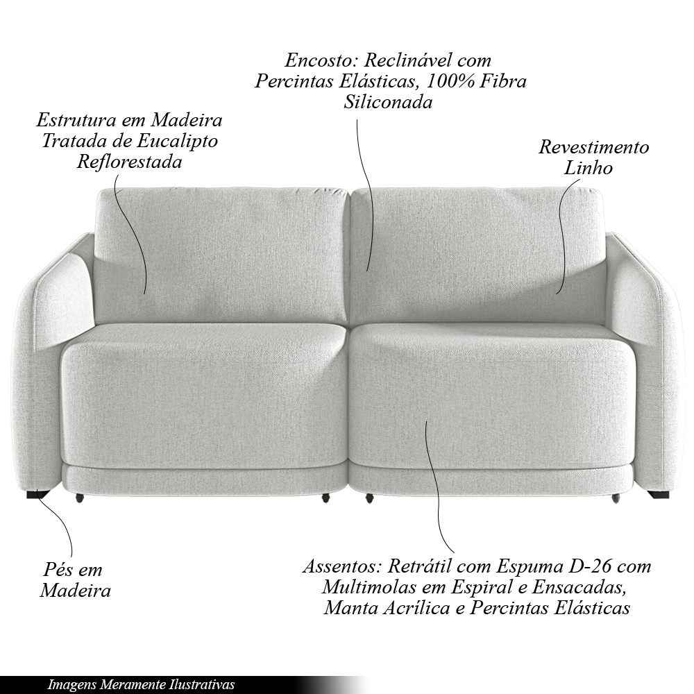 Sofá Cama Modulado Retrátil e Reclinável Decorativo Varsóvia 236cm Linho Cinza G33 - Gran Belo