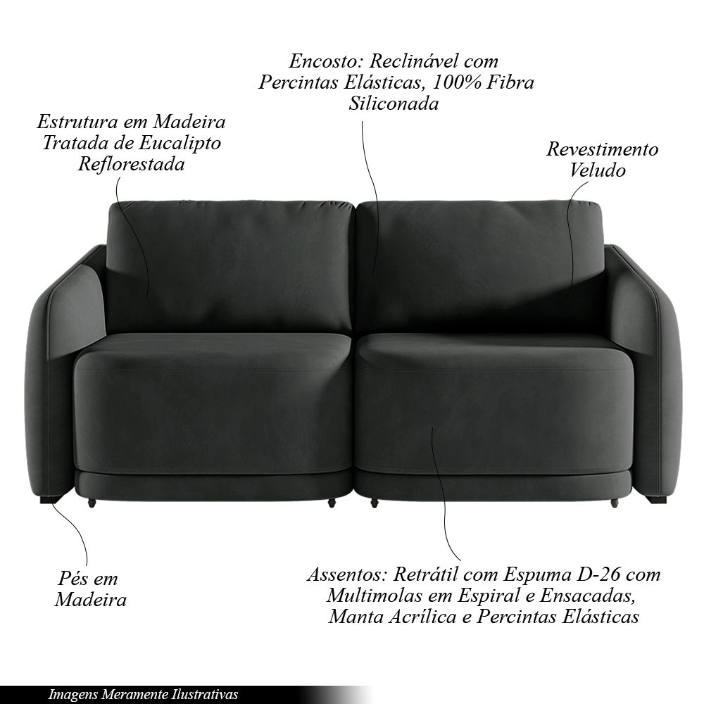 Sofá Cama Modulado Retrátil e Reclinável Decorativo Varsóvia 236cm Veludo Cinza Chumbo G33 - Gran Belo