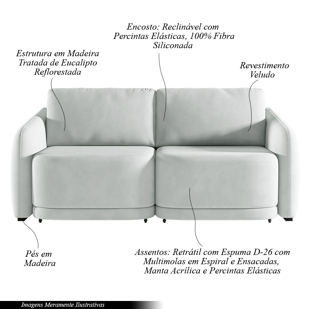 Sofá Cama Modulado Retrátil e Reclinável Decorativo Varsóvia 236cm Veludo Cinza G33 - Gran Belo