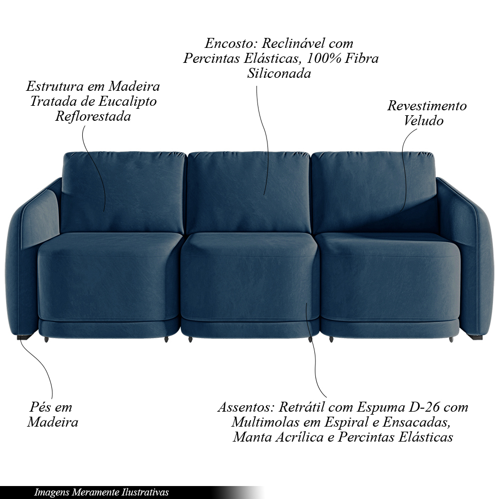 Sofá Cama Modulado Retrátil e Reclinável Decorativo Varsóvia 246cm Veludo Azul Marinho G33 - Gran Belo