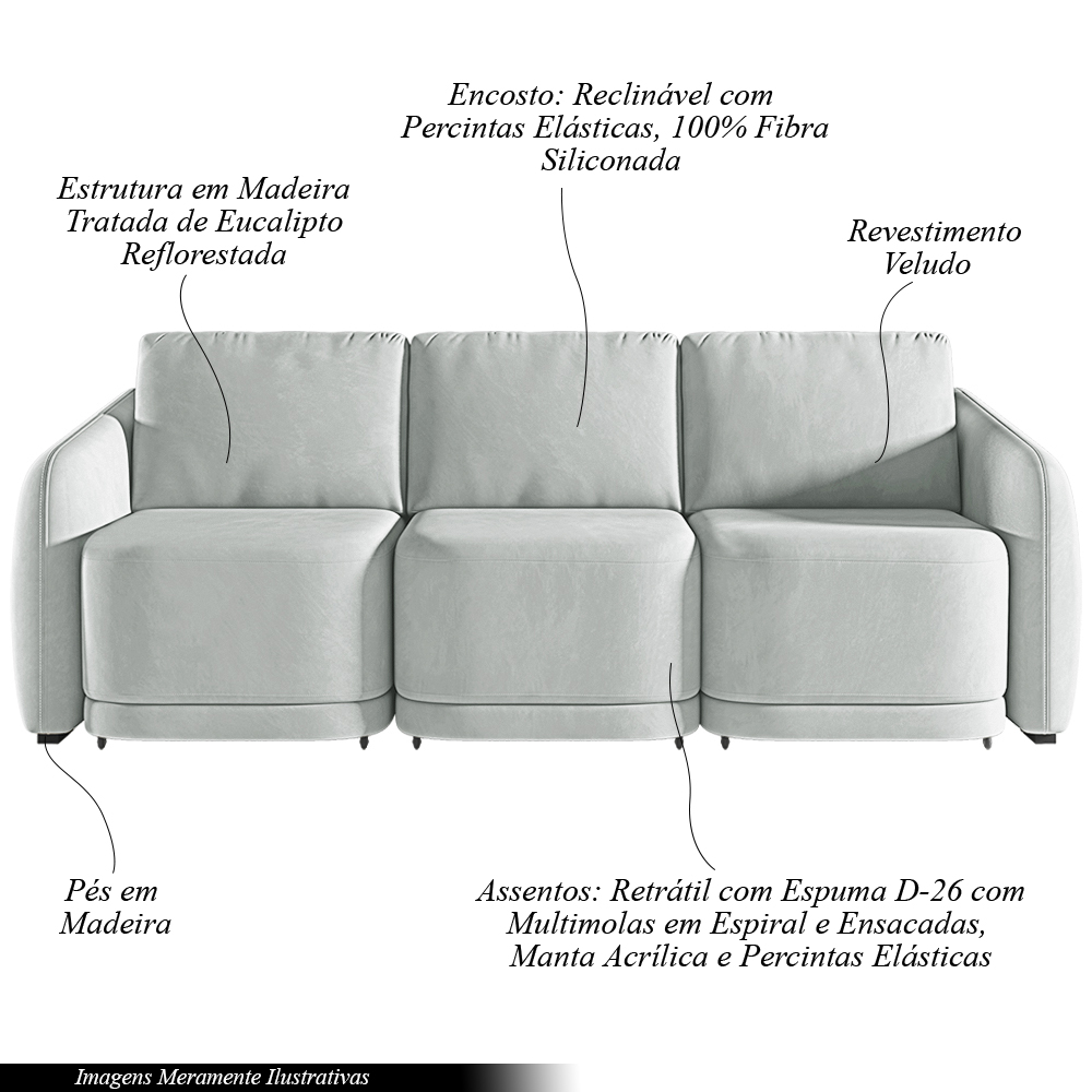Sofá Cama Modulado Retrátil e Reclinável Decorativo Varsóvia 246cm Veludo Cinza G33 - Gran Belo