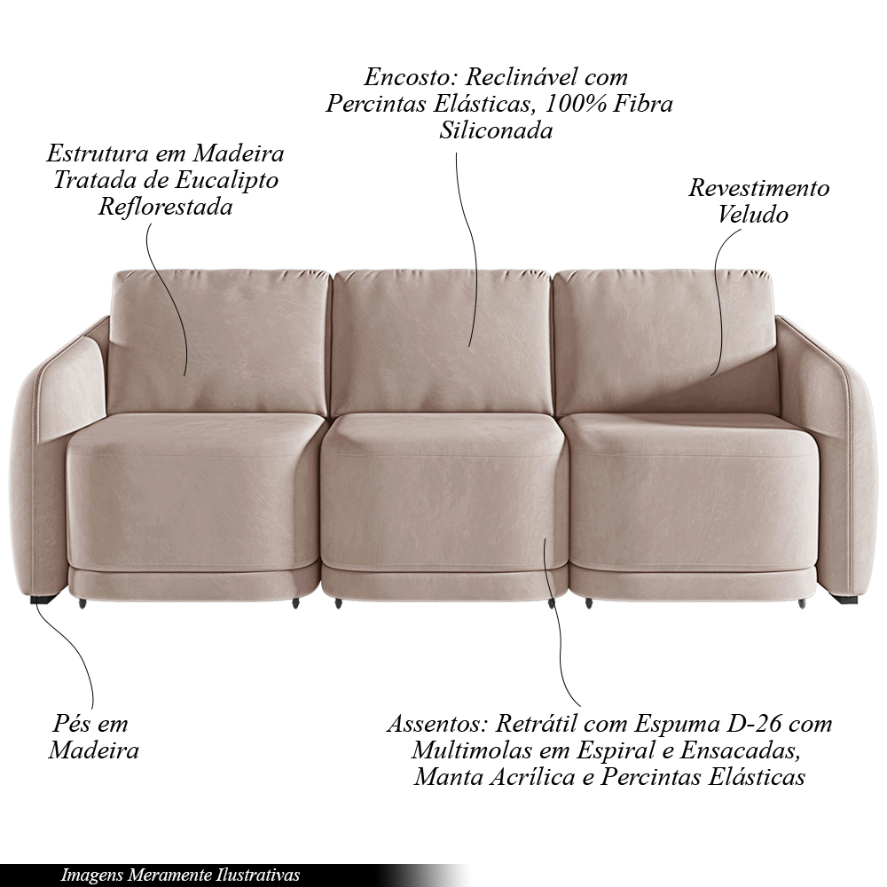 Sofá Cama Modulado Retrátil e Reclinável Decorativo Varsóvia 246cm Veludo Rosê G33 - Gran Belo