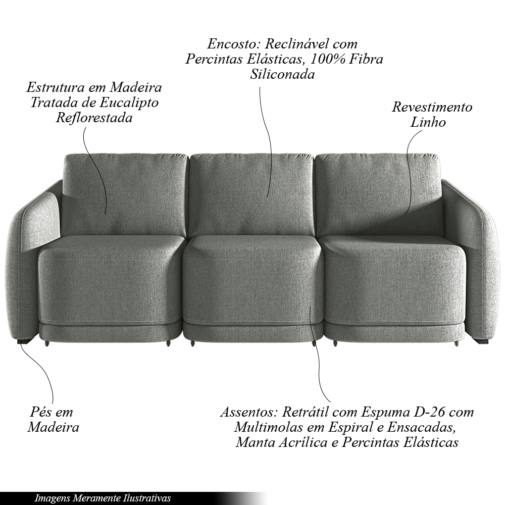 Sofá Cama Modulado Retrátil e Reclinável Decorativo Varsóvia 276cm Linho Cinza Chumbo G33 - Gran Belo