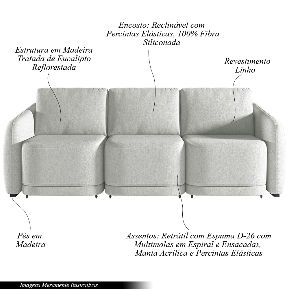 Sofá Cama Modulado Retrátil e Reclinável Decorativo Varsóvia 306cm Linho Cinza G33 - Gran Belo
