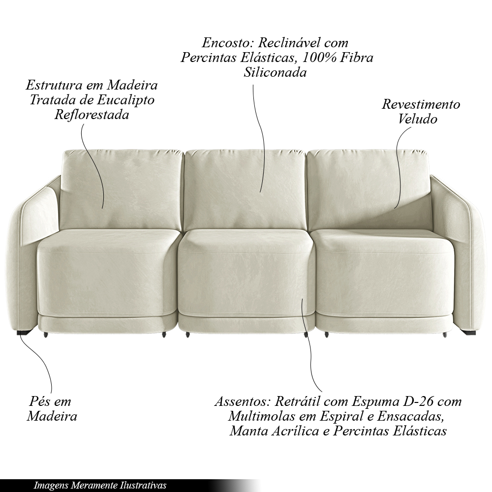 Sofá Cama Modulado Retrátil e Reclinável Decorativo Varsóvia 306cm Veludo Bege G33 - Gran Belo