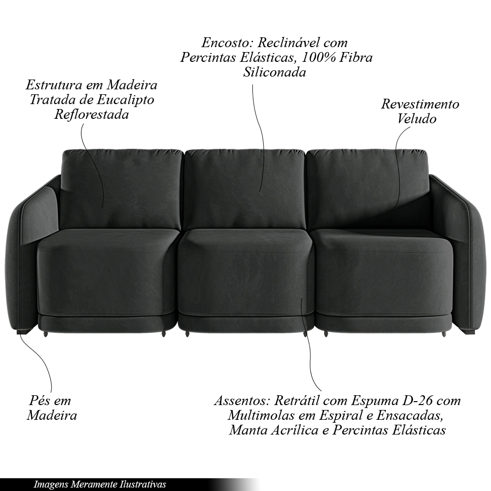 Sofá Cama Modulado Retrátil e Reclinável Decorativo Varsóvia 306cm Veludo Cinza Chumbo G33 - Gran Belo