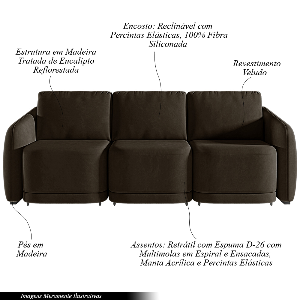 Sofá Cama Modulado Retrátil e Reclinável Decorativo Varsóvia 306cm Veludo Marrom G33 - Gran Belo