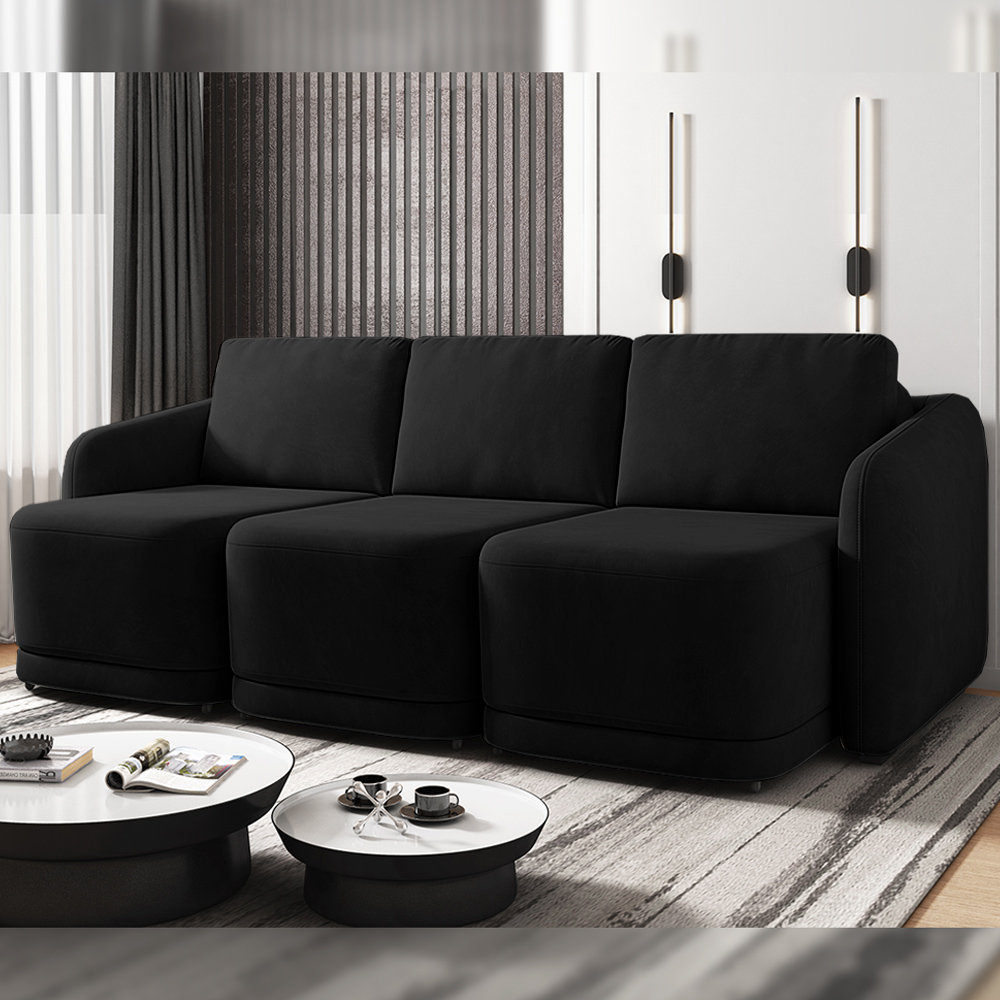 Sofá Cama Modulado Retrátil e Reclinável Decorativo Varsóvia 306cm Veludo Preto G33 - Gran Belo