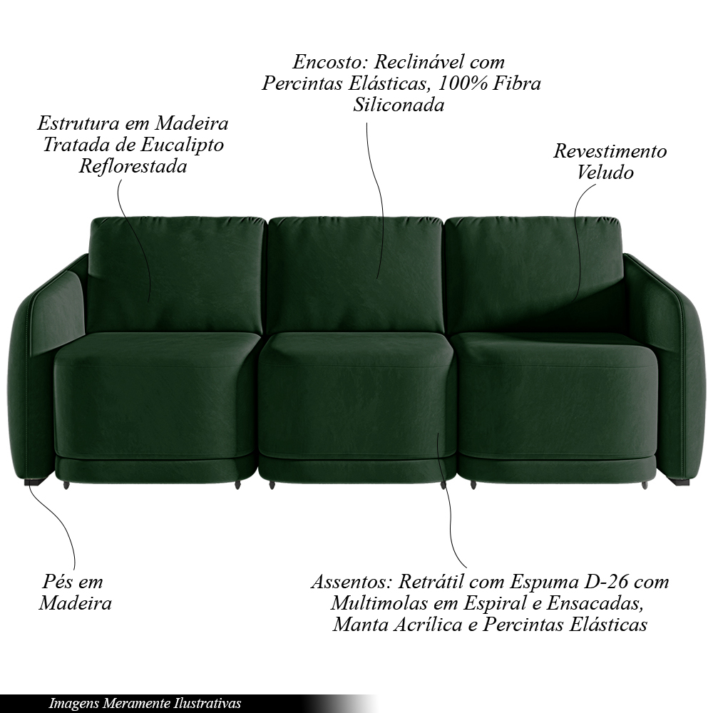 Sofá Cama Modulado Retrátil e Reclinável Decorativo Varsóvia 306cm Veludo Verde G33 - Gran Belo