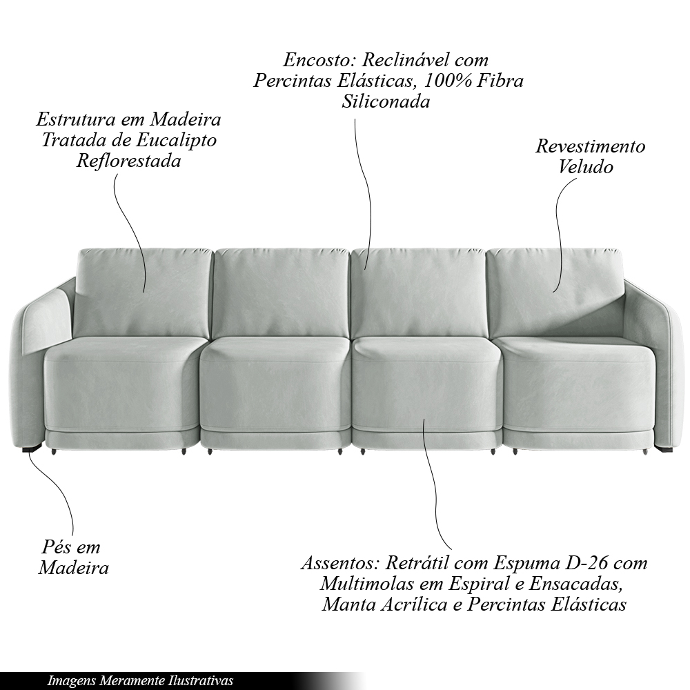 Sofá Cama Modulado Retrátil e Reclinável Decorativo Varsóvia 316cm Veludo Cinza G33 - Gran Belo