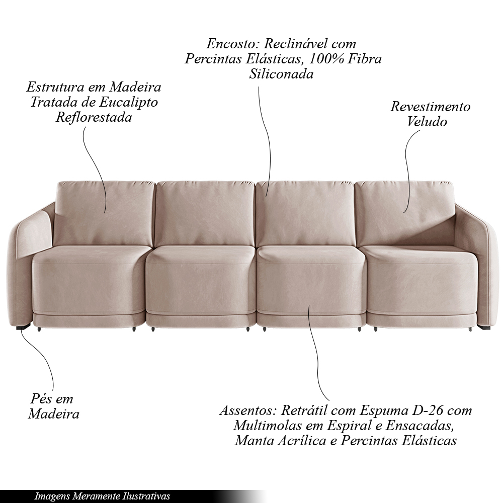 Sofá Cama Modulado Retrátil e Reclinável Decorativo Varsóvia 356cm Veludo Rosê G33 - Gran Belo
