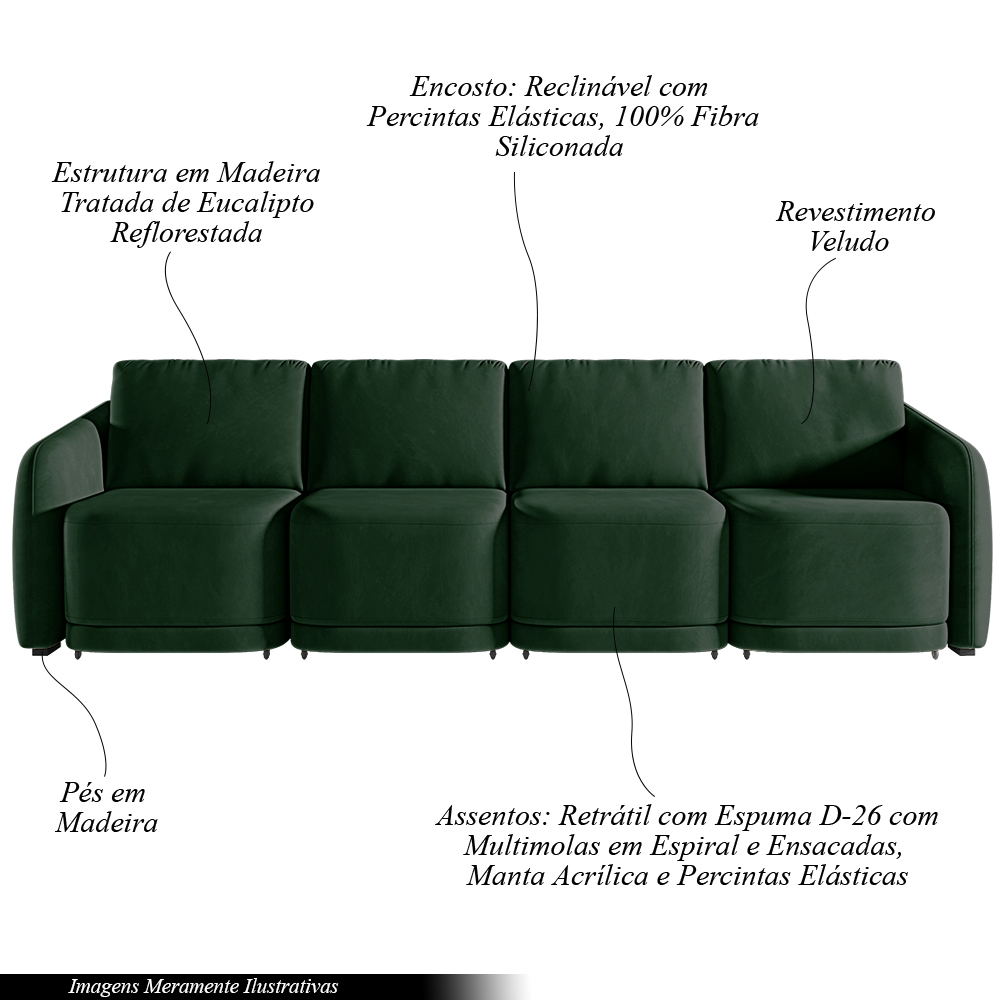 Sofá Cama Modulado Retrátil e Reclinável Decorativo Varsóvia 356cm Veludo Verde G33 - Gran Belo