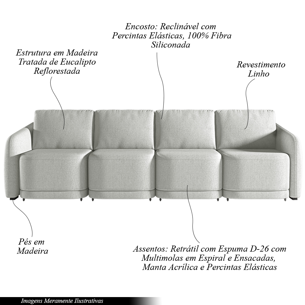 Sofá Cama Modulado Retrátil e Reclinável Decorativo Varsóvia 396cm Linho Cinza G33 - Gran Belo