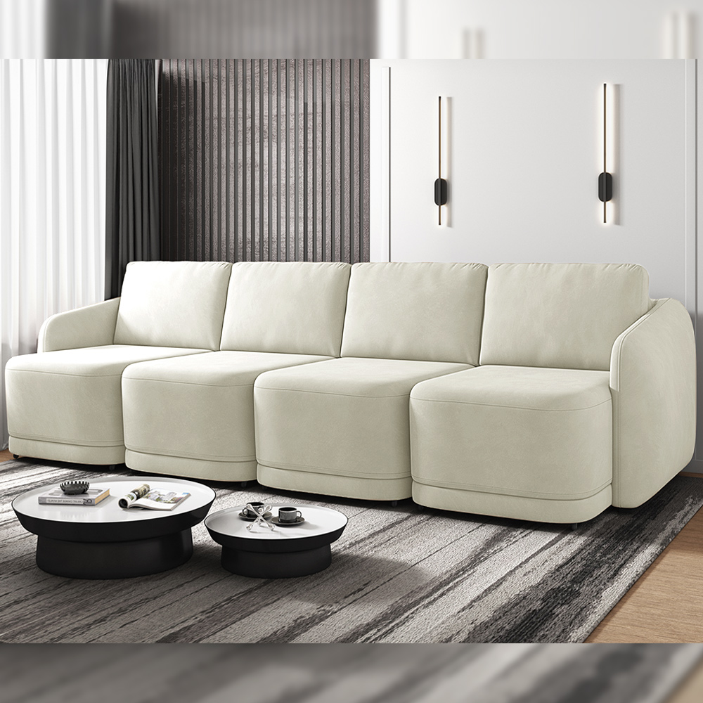 Sofá Cama Modulado Retrátil e Reclinável Decorativo Varsóvia 396cm Veludo Bege G33 - Gran Belo