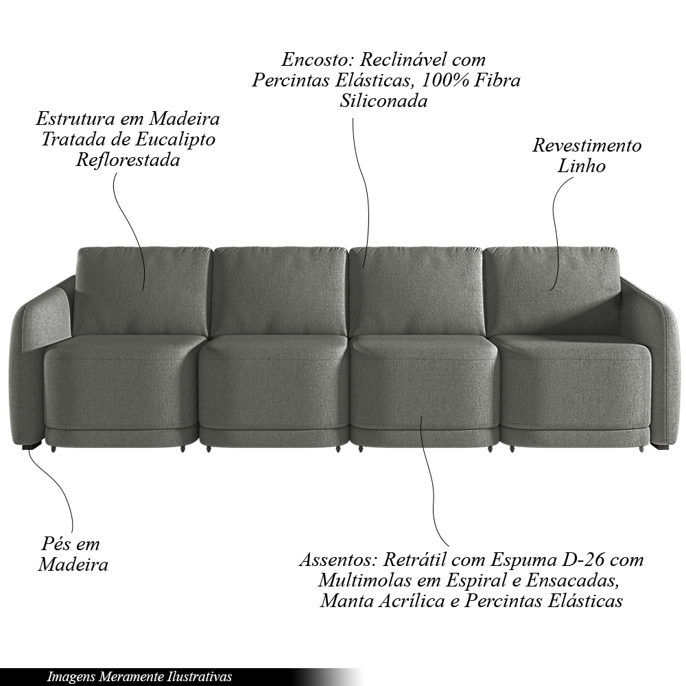 Sofá Cama Modulado Retrátil e Reclinável Decorativo Varsóvia 436cm Linho Cinza Chumbo G33 - Gran Belo