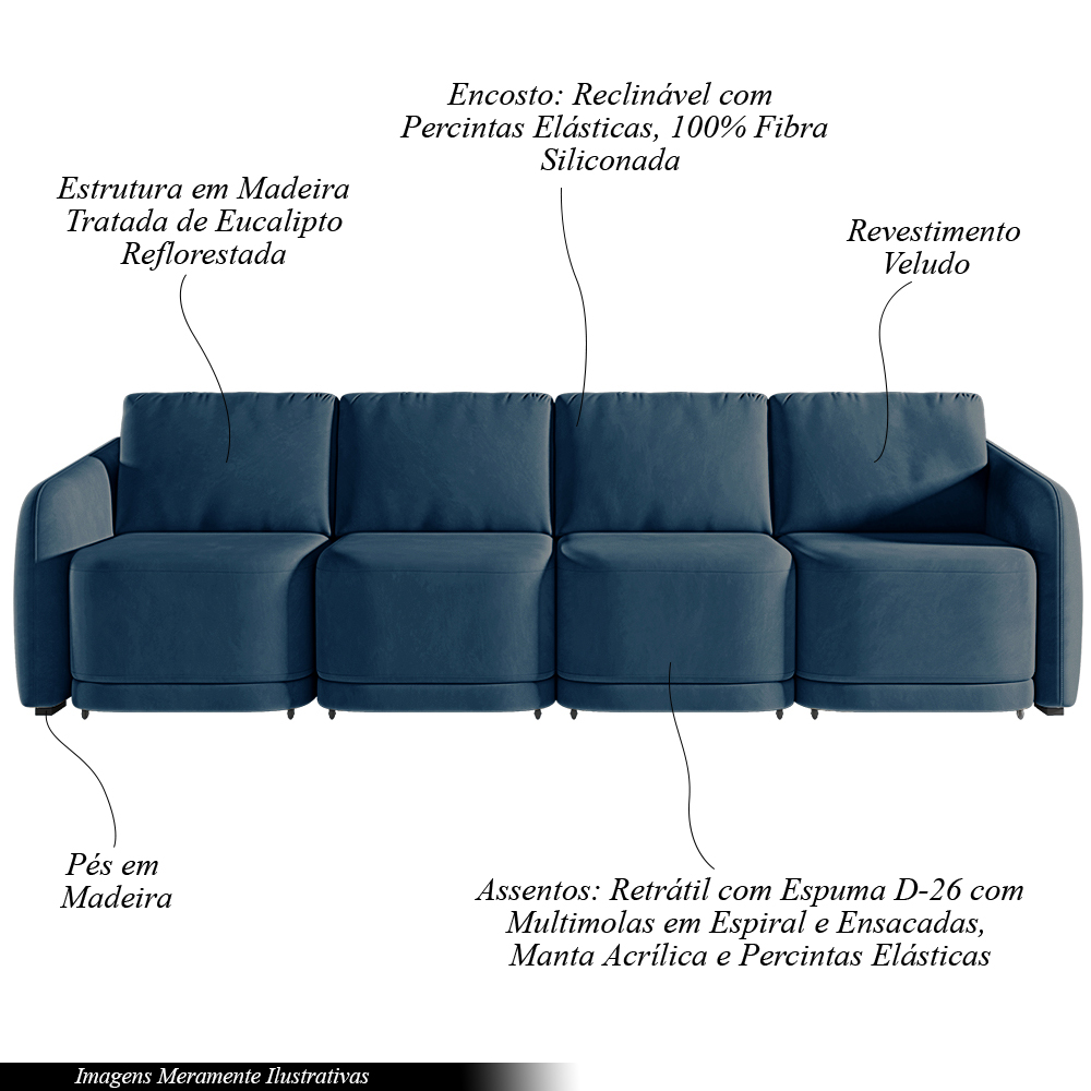 Sofá Cama Modulado Retrátil e Reclinável Decorativo Varsóvia 436cm Veludo Azul Marinho G33 - Gran Belo