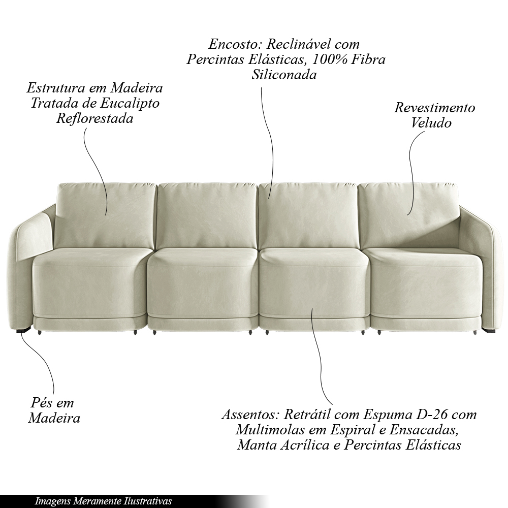 Sofá Cama Modulado Retrátil e Reclinável Decorativo Varsóvia 436cm Veludo Bege G33 - Gran Belo
