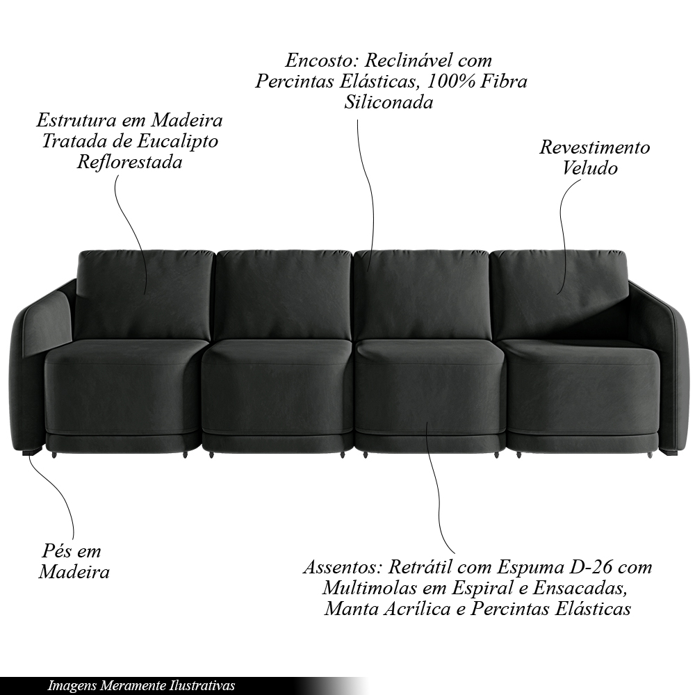 Sofá Cama Modulado Retrátil e Reclinável Decorativo Varsóvia 436cm Veludo Cinza Chumbo G33 - Gran Belo