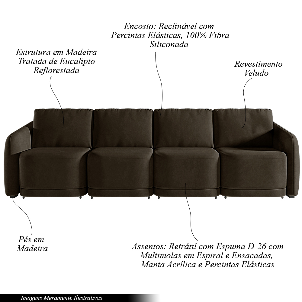 Sofá Cama Modulado Retrátil e Reclinável Decorativo Varsóvia 436cm Veludo Marrom G33 - Gran Belo