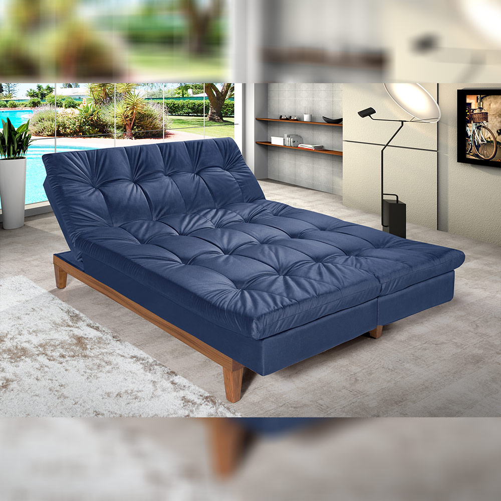 Sofá Cama Reclinável 2 Lugares Change Veludo Azul G30 - Gran Belo