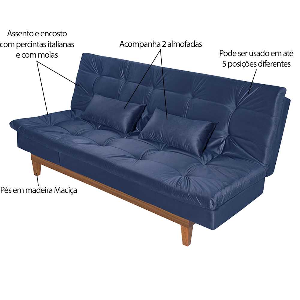 Sofá Cama Reclinável 2 Lugares Change Veludo Azul G30 - Gran Belo