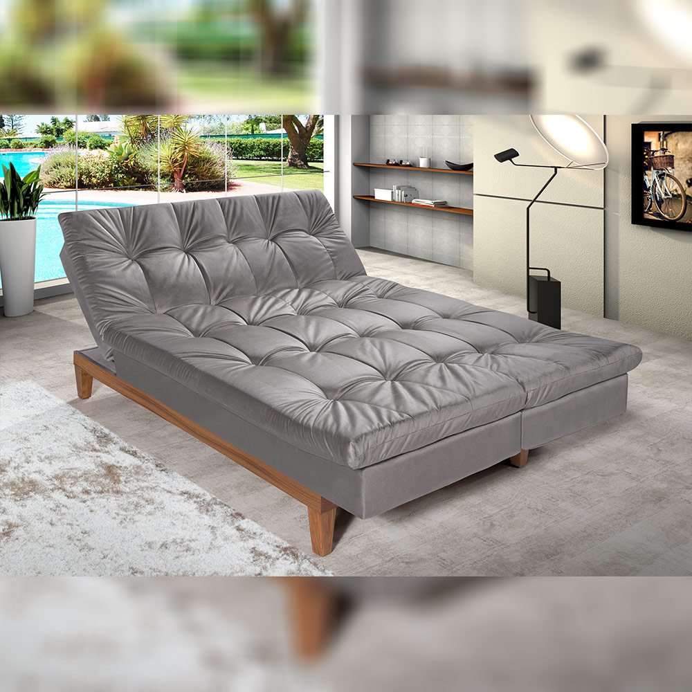 Sofá Cama Reclinável 2 Lugares Change Veludo Cinza G30 - Gran Belo