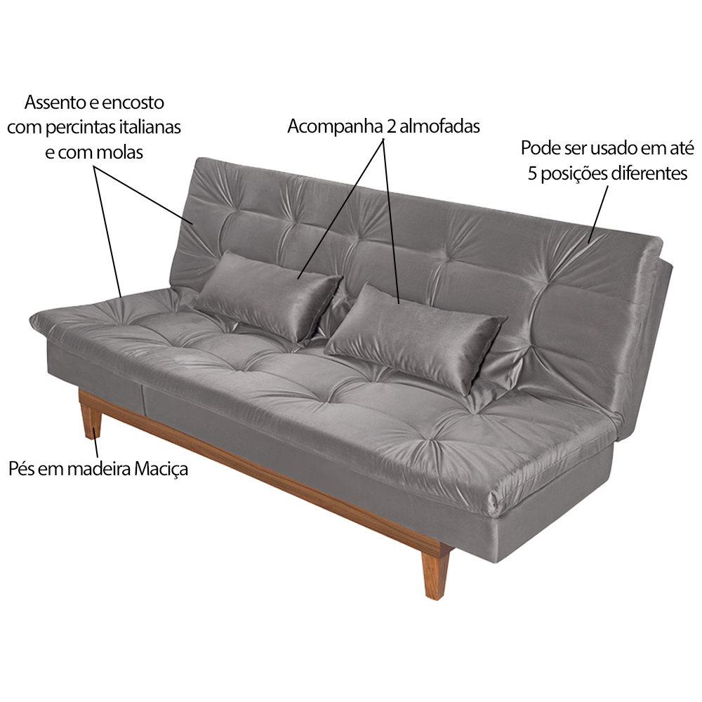 Sofá Cama Reclinável 2 Lugares Change Veludo Cinza G30 - Gran Belo