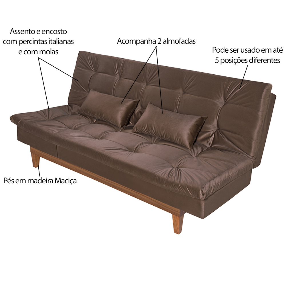 Sofá Cama Reclinável 2 Lugares Change Veludo Marrom G30 - Gran Belo