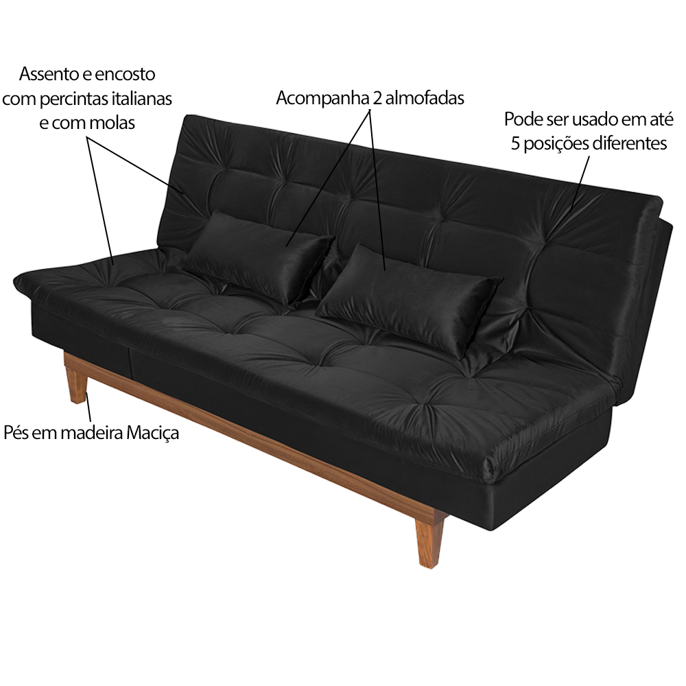 Sofá Cama Reclinável 2 Lugares Change Veludo Preto G30 - Gran Belo
