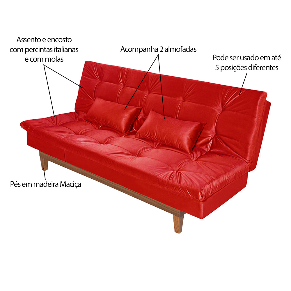 Sofá Cama Reclinável 2 Lugares Change Veludo Vermelho G30 - Gran Belo