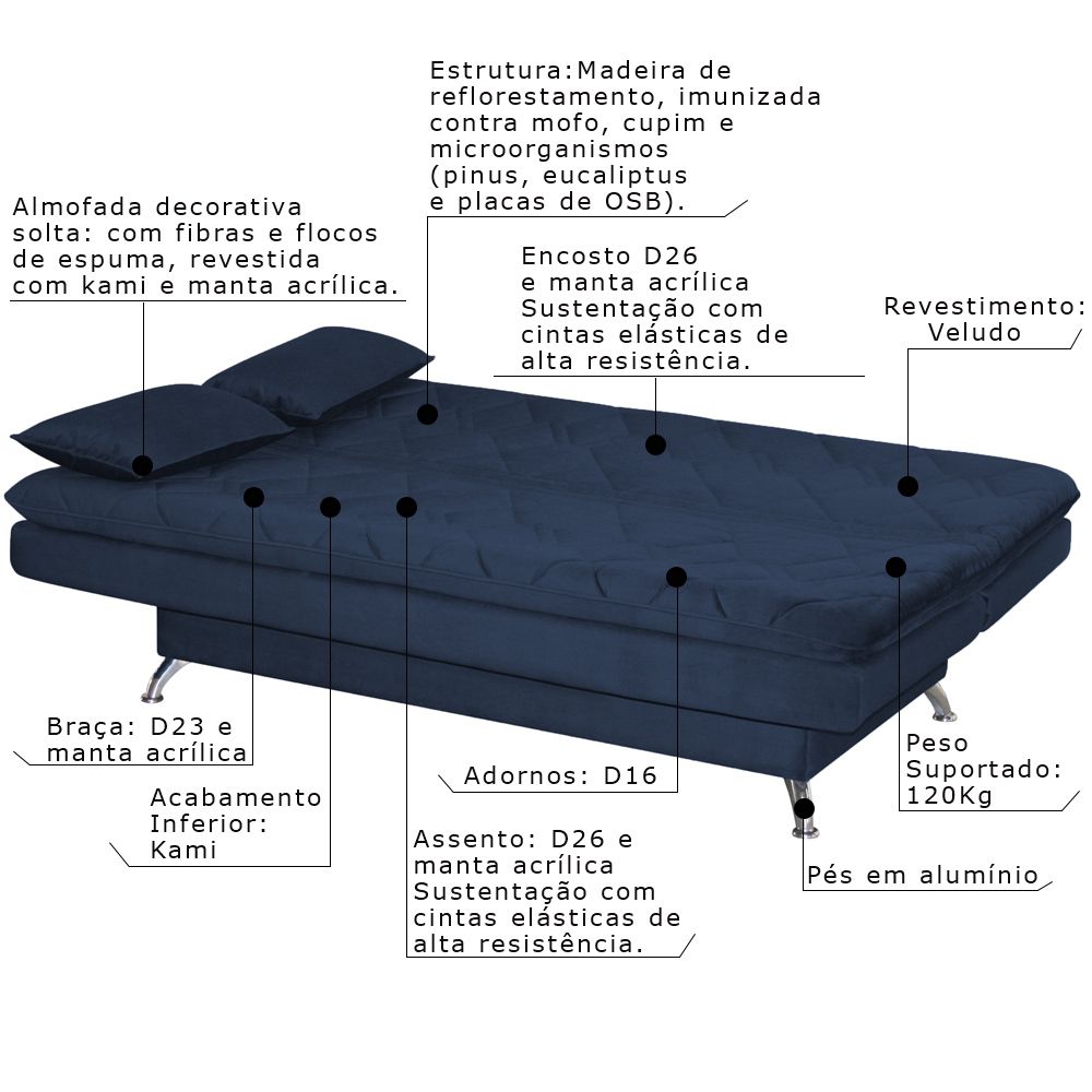Sofá Cama Sala de Estar 193cm Belinda com Pés Alumínio Veludo Azul Marinho G45 - Gran Belo