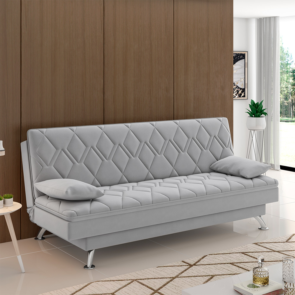 Sofá Cama Sala de Estar 193cm Belinda com Pés Alumínio Veludo Cinza Claro G45 - Gran Belo