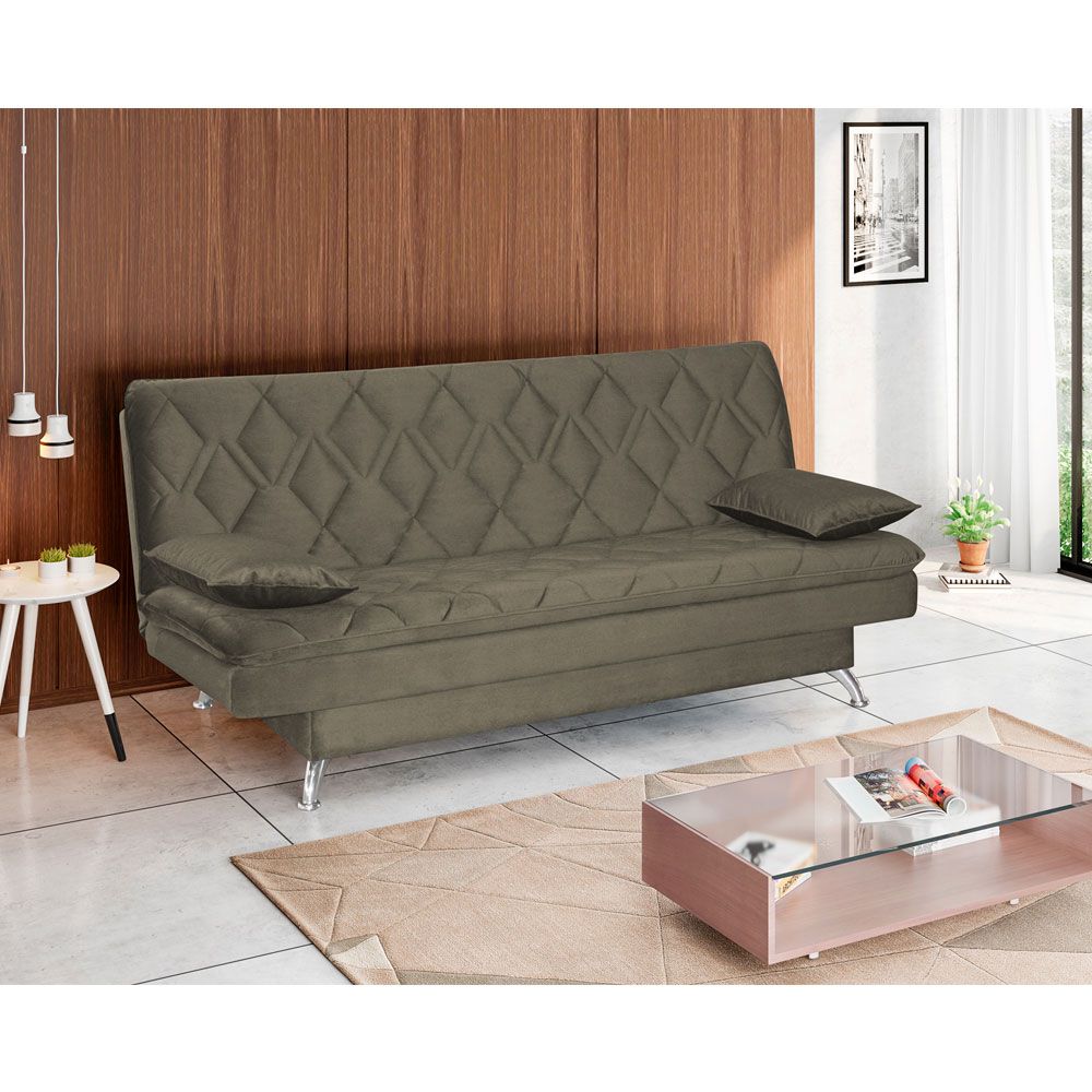 Sofá Cama Sala de Estar 193cm Belinda com Pés Alumínio Veludo Marrom Claro G45 - Gran Belo