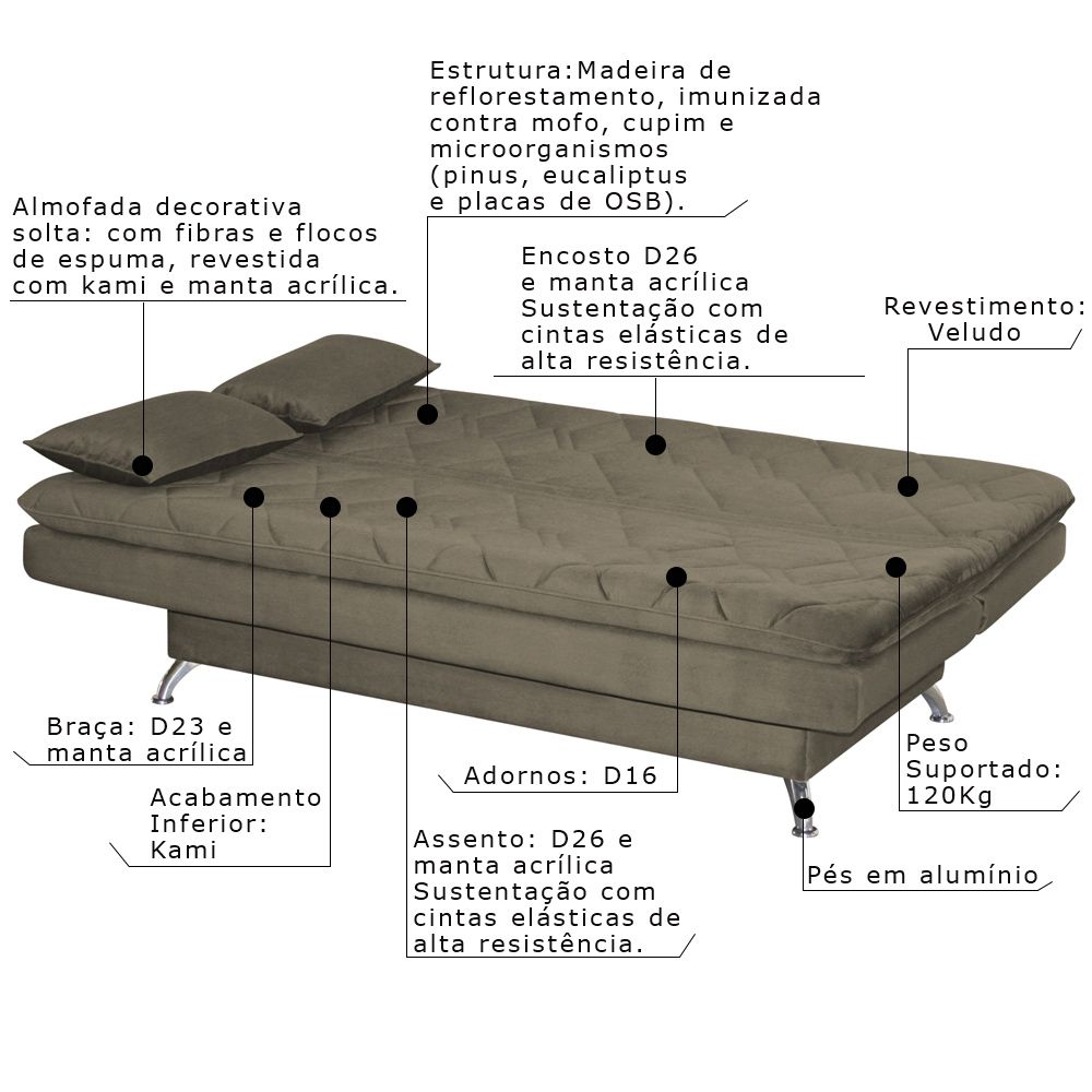 Sofá Cama Sala de Estar 193cm Belinda com Pés Alumínio Veludo Marrom Claro G45 - Gran Belo