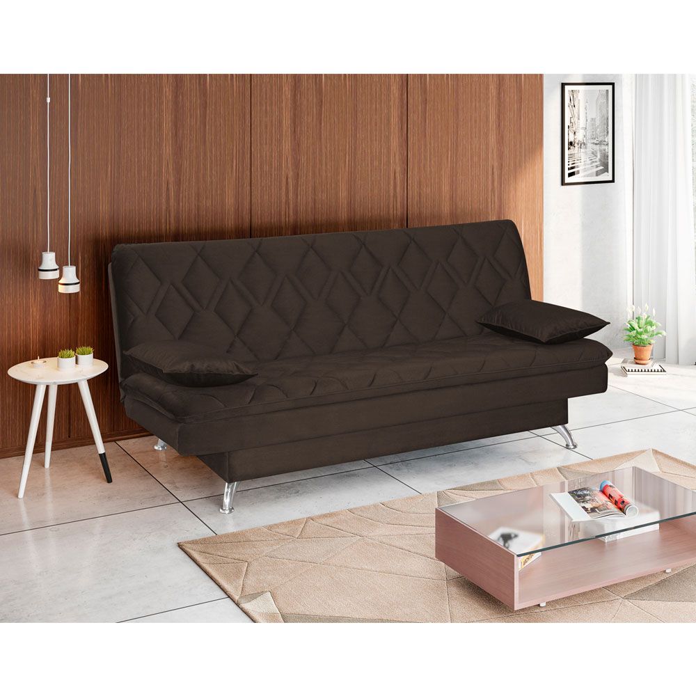 Sofá Cama Sala de Estar 193cm Belinda com Pés Alumínio Veludo Marrom G45 - Gran Belo