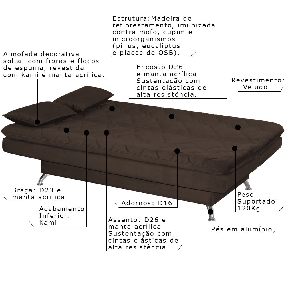 Sofá Cama Sala de Estar 193cm Belinda com Pés Alumínio Veludo Marrom G45 - Gran Belo