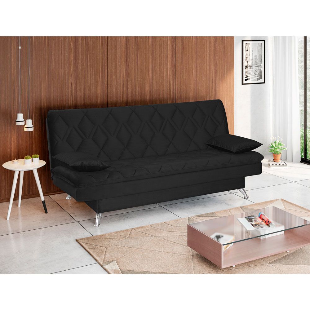 Sofá Cama Sala de Estar 193cm Belinda com Pés Alumínio Veludo Preto G45 - Gran Belo