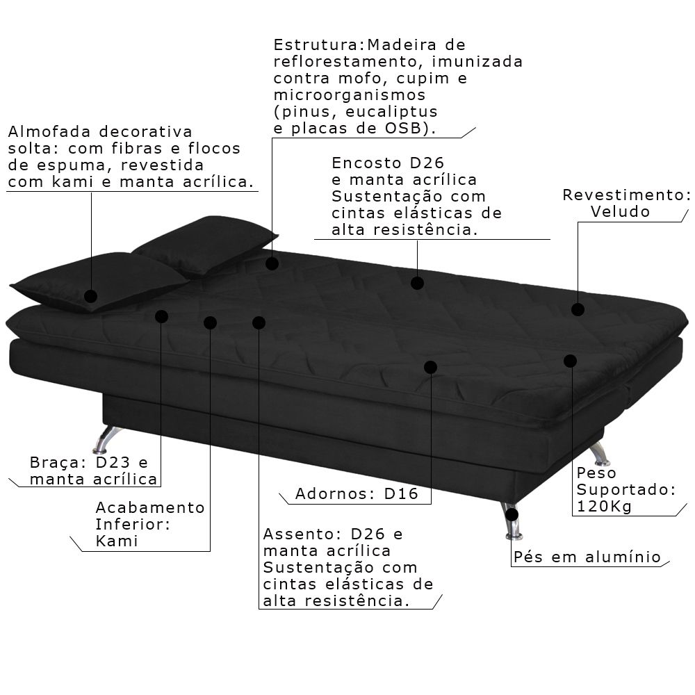 Sofá Cama Sala de Estar 193cm Belinda com Pés Alumínio Veludo Preto G45 - Gran Belo